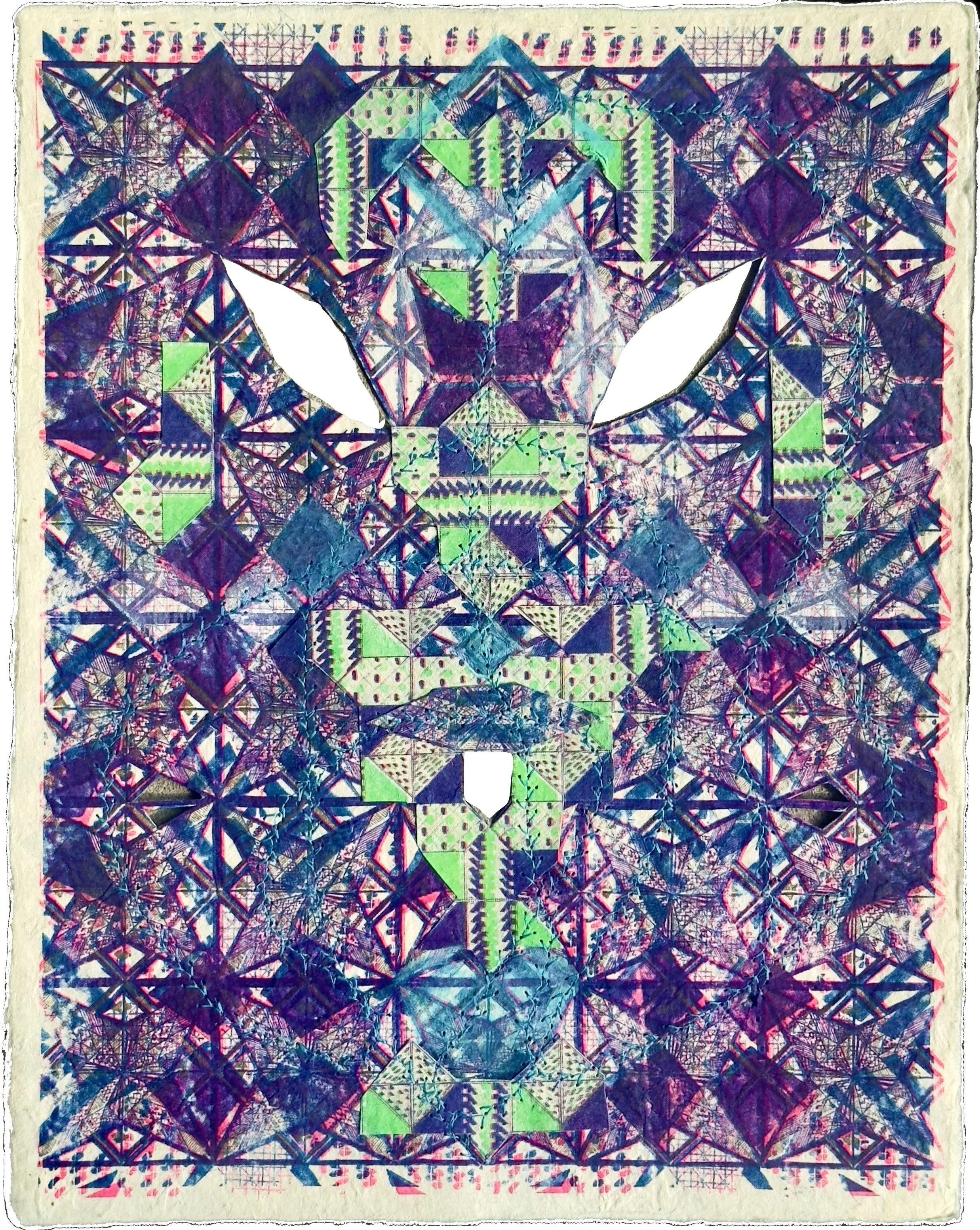 collage of risographs on handmade paper with sewing, gouache, and hand cutting 11” x 8 1/2”
