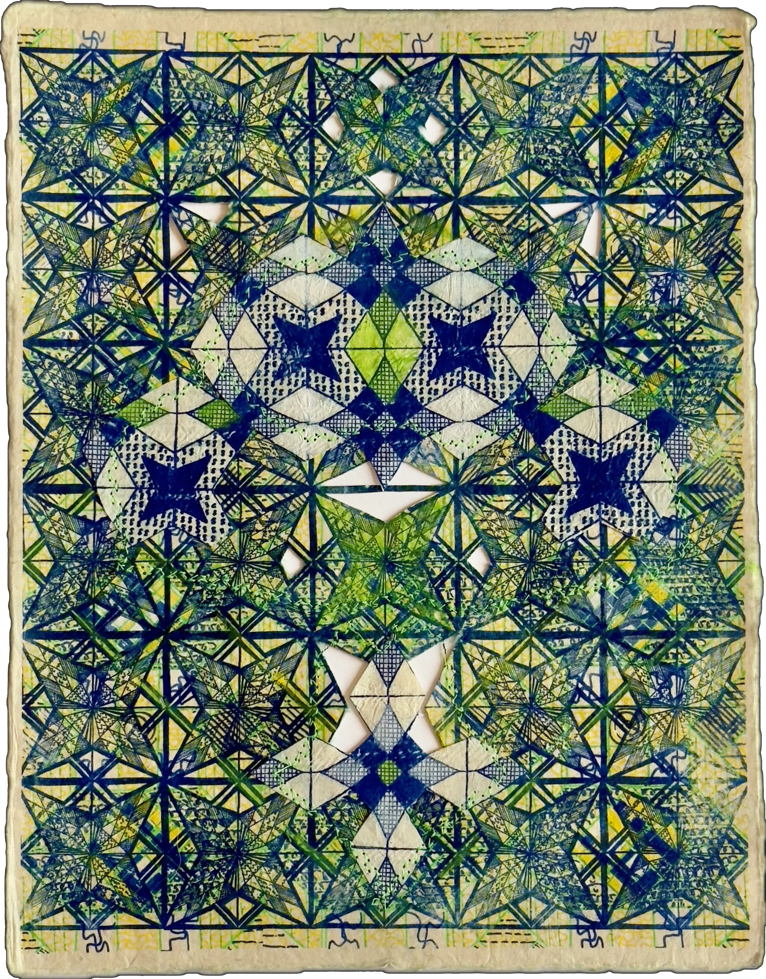 collage of risographs on handmade paper with sewing, gouache, and hand cutting 11” x 8 1/2”