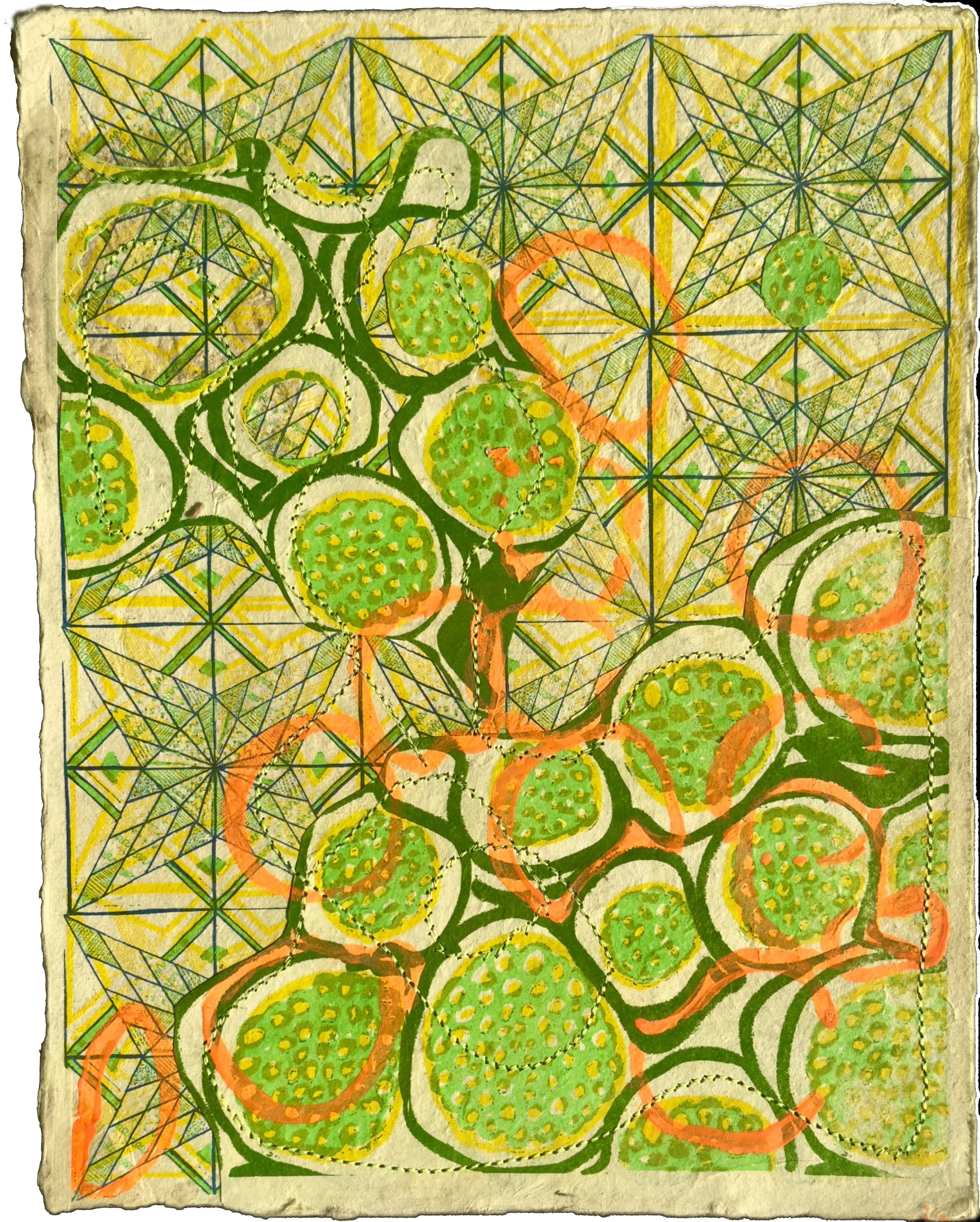 collage of risographs on handmade paper with sewing and gouache 11” x 8 1/2”