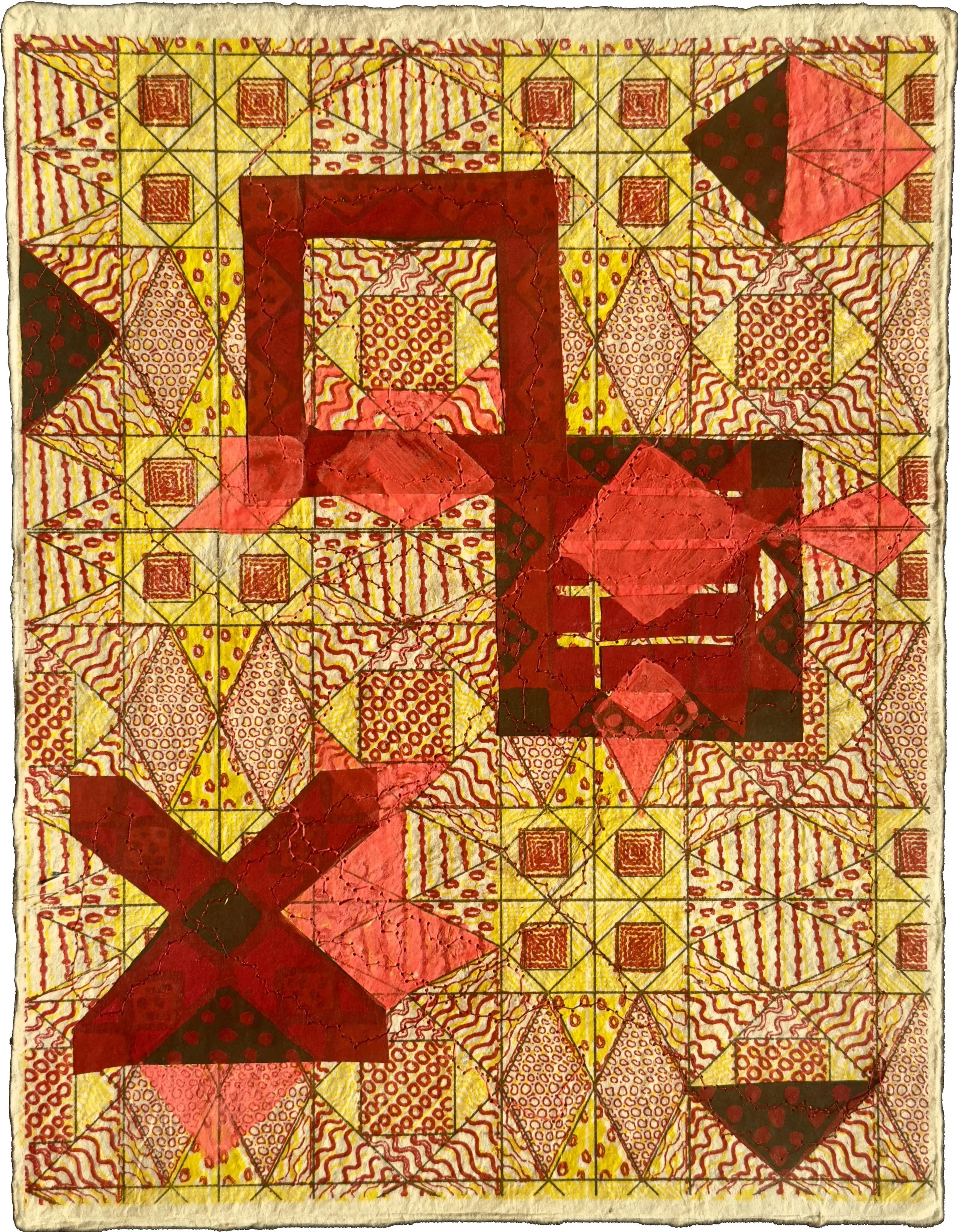collage of risographs on handmade paper with sewing and gouache 11” x 8 1/2”