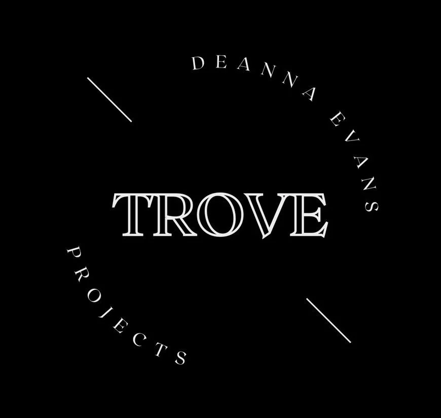 Black square with a circular text based logo that says Deanna Evans Projects Trove