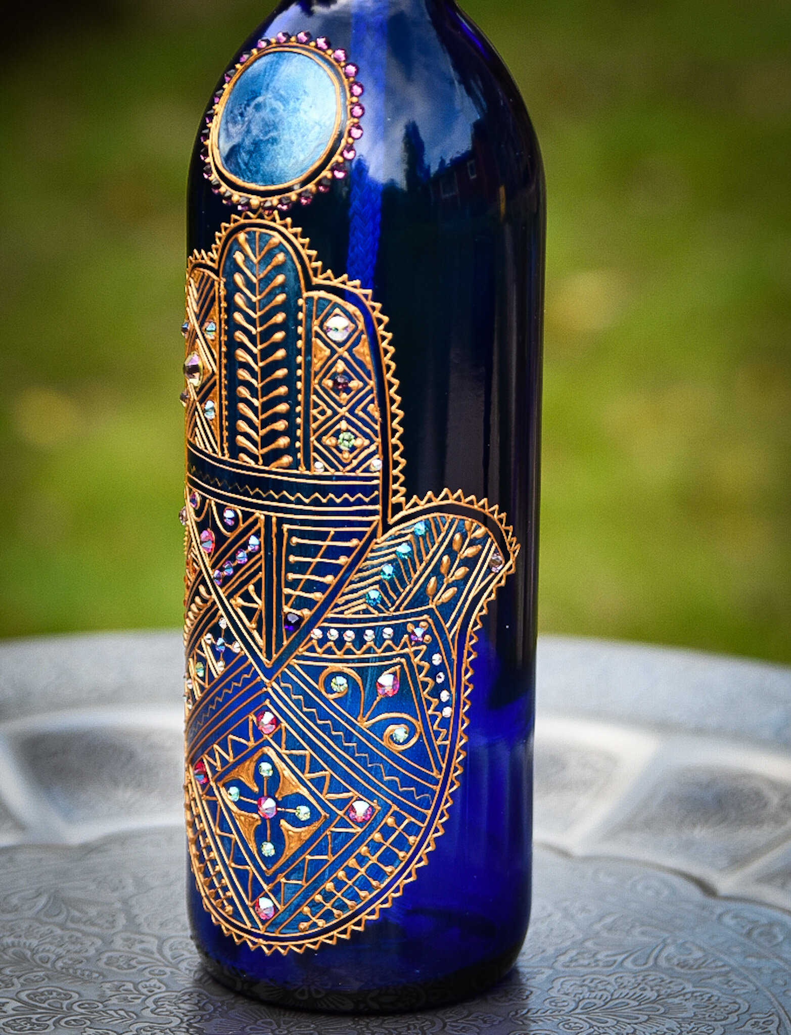 Blue Marble on Blue Glass Mehndi Garden Gate Bottle Lamp — Roving Horse  Henna