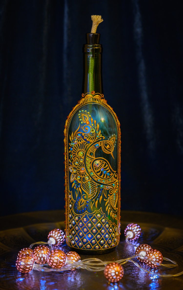 Royal Peacock in Gold on Green Glass Bottle Lamp — Roving Horse Henna
