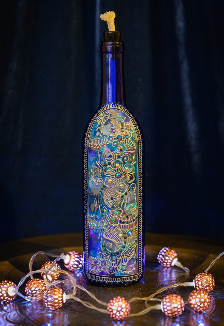 Blue Marble on Blue Glass Mehndi Garden Gate Bottle Lamp — Roving Horse  Henna