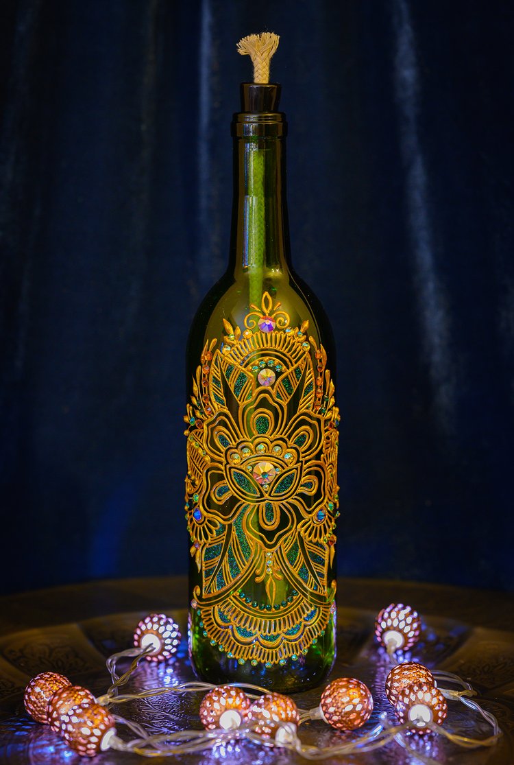 Glowing Golden Folk Flower on Green Glass Bottle Lamp — Roving Horse Henna