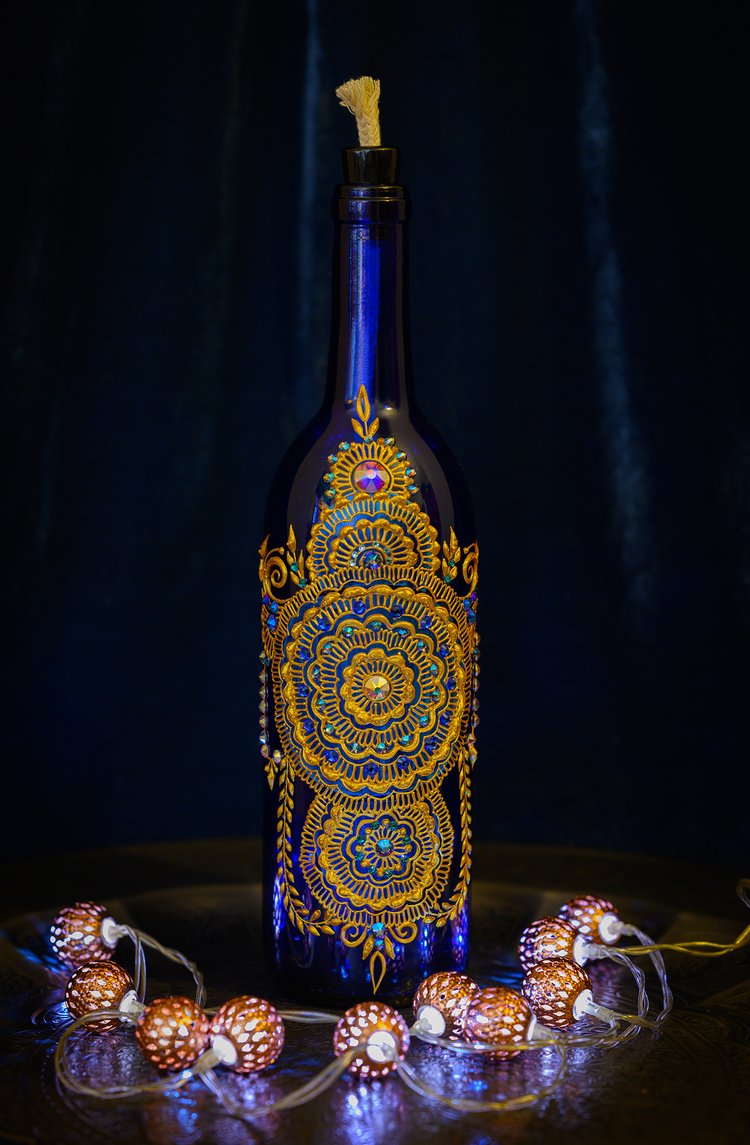 Golden Mandalas on Blue Glass Bottle Lamp — Roving Horse Henna