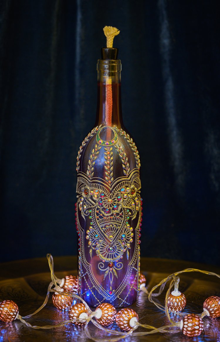 Blue Marble on Blue Glass Mehndi Garden Gate Bottle Lamp — Roving Horse  Henna