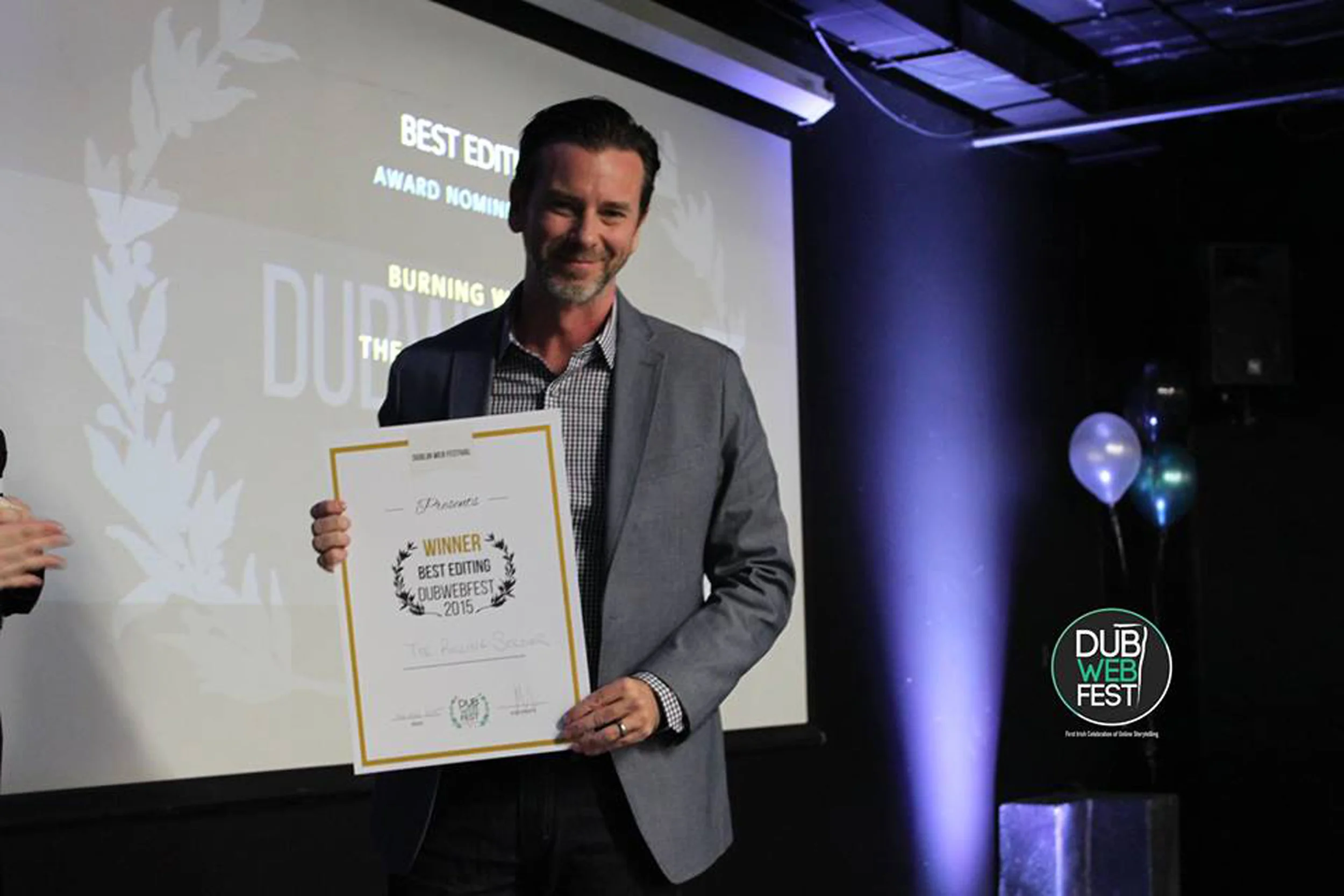 JOHN TAGUE ACCEPTING THE BEST EDITING AWARD AT THE 2015 DUBLIN WEB FEST AWARDS