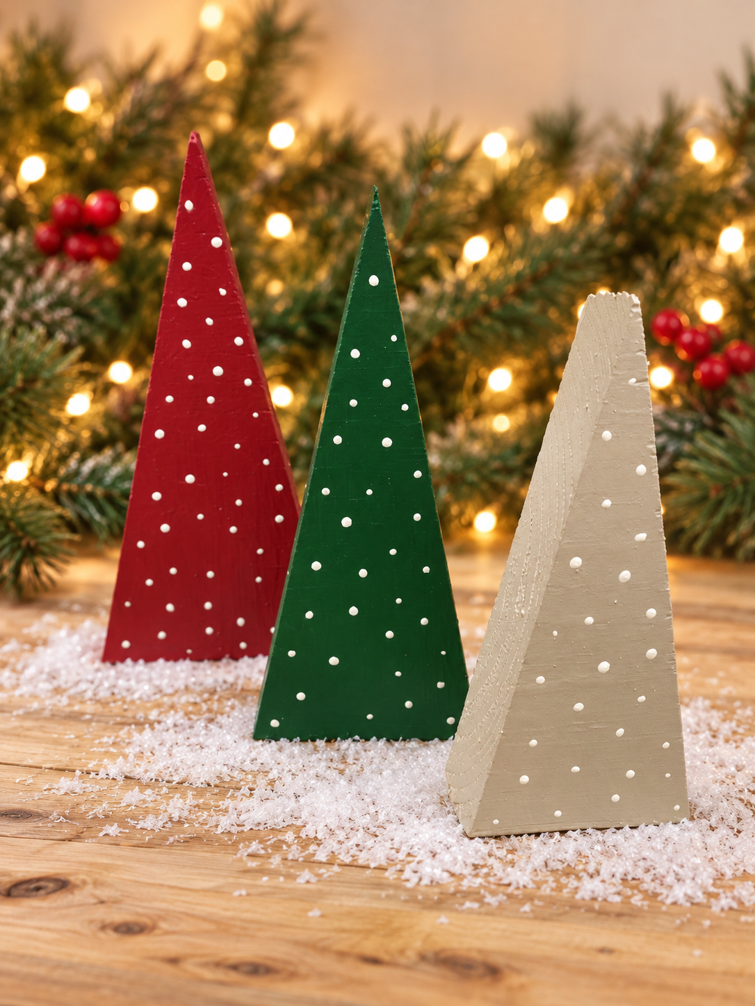 Three wooden Christmas trees with snowy garland.png