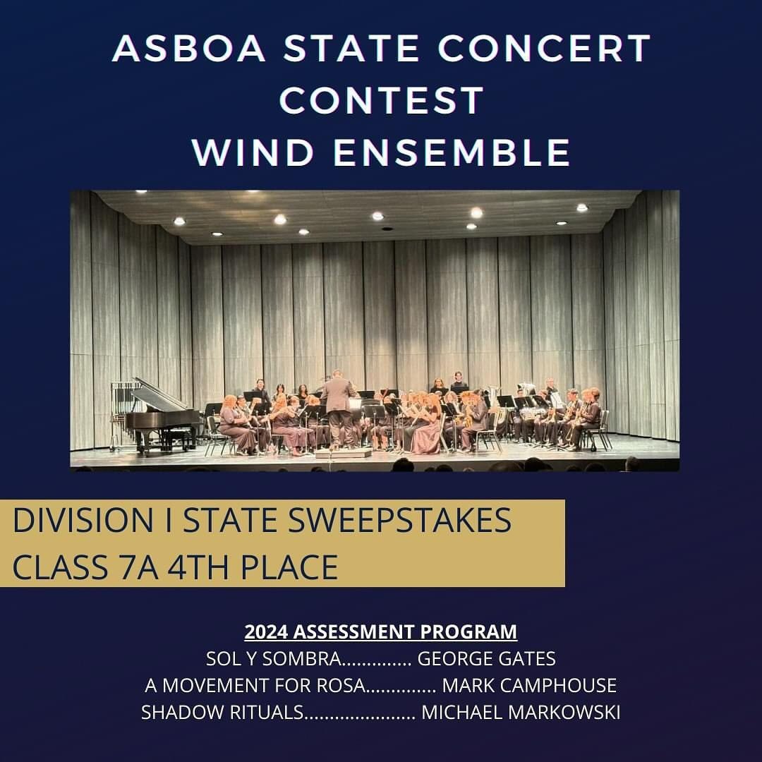 Fantastic performances at State Concert Contest from both Wind Ensemble and Symphonic Winds this week!! The bands competed in Bryant each earning a Division I rating!! This, combined with our Division I ratings from Marching Assessment, Concert Asses