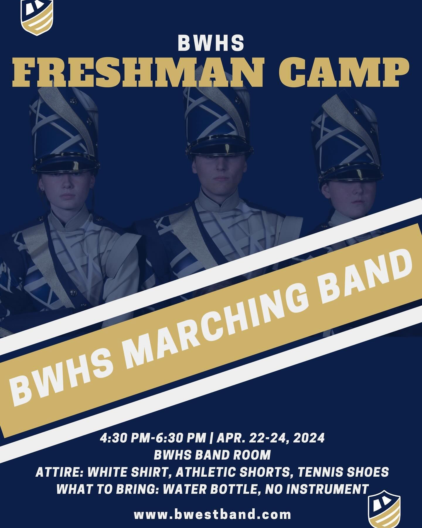 All current 8th graders, all percussion, all color guard, and 2024 Leadership should attend practices next week!! See the flyer for details on what to wear and what to bring!