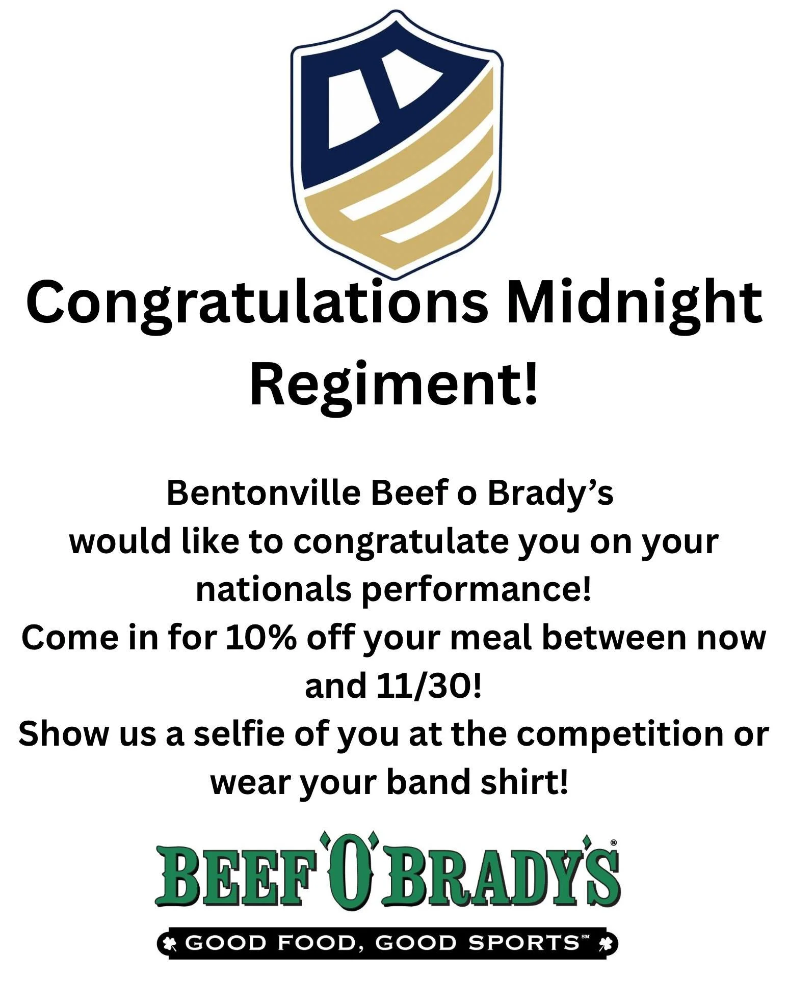 We love our sponsors!  Thank you Bentonville Beef 'O' Brady's for your continued support of our program!