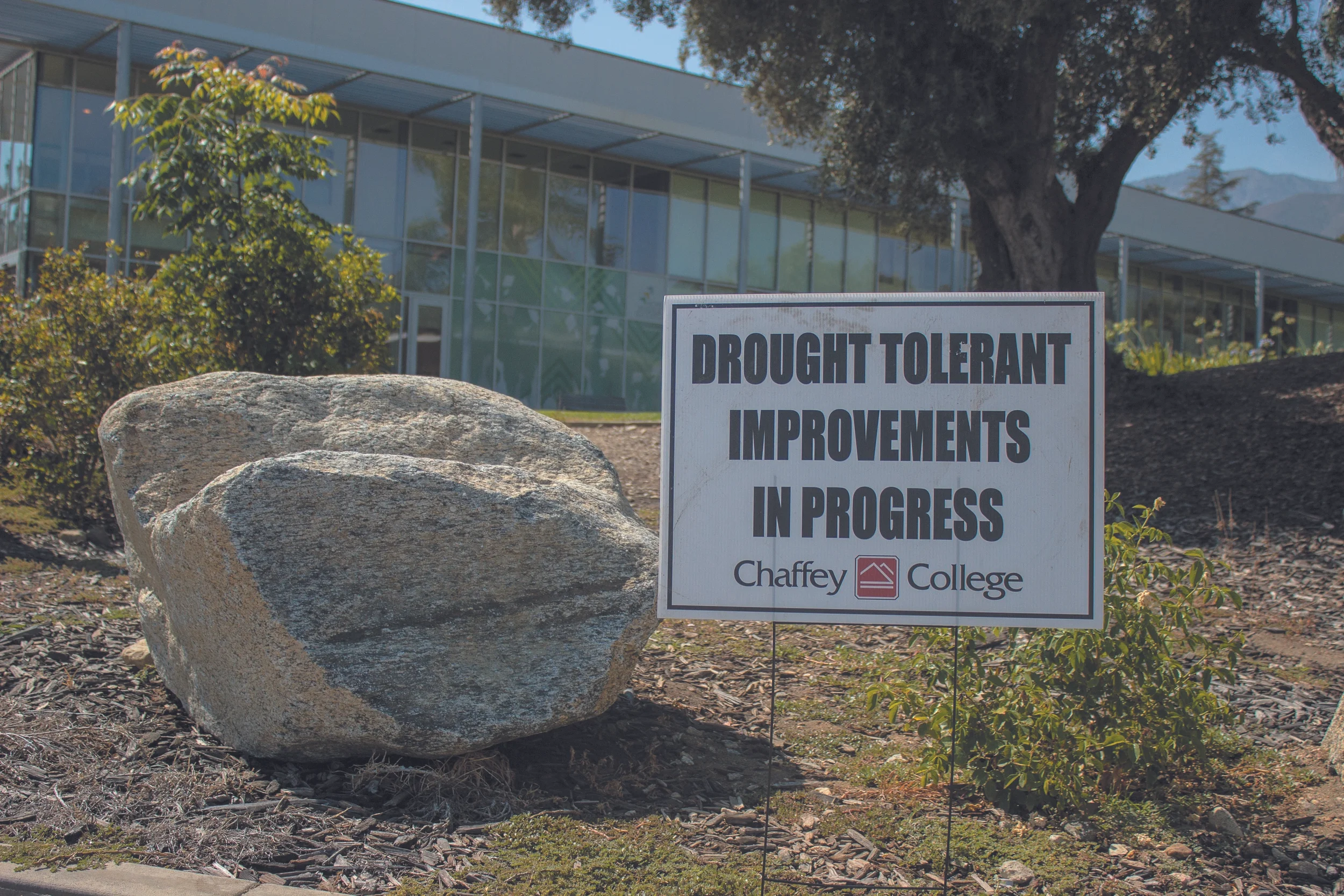 An informative drought sign sits outside the administrative building i the Rancho Cucamonga campus. Photo taken Aug. 5 by Michelle Caldera.
