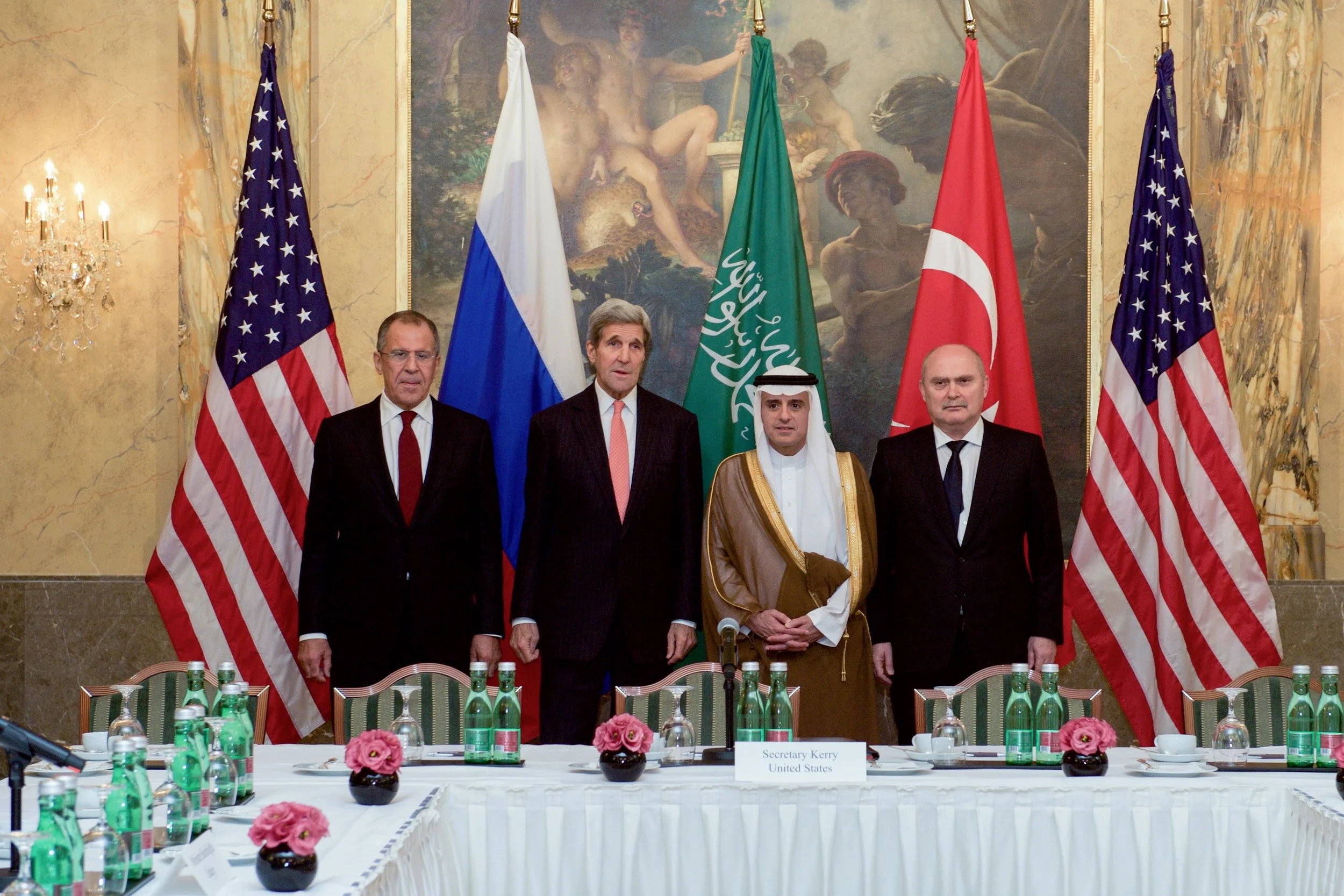 Secretary Kerry meets with Turkish Foreign Minister Sinirlioglu, Saudi Foreign Minister al-Jubeir, and Russian Foreign Minister Lavrov before their meeting on Syria