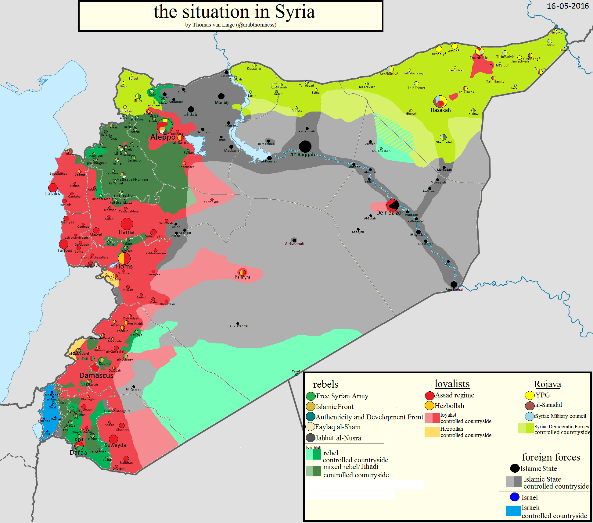 Map of the Syrian conflict as of May 2016.