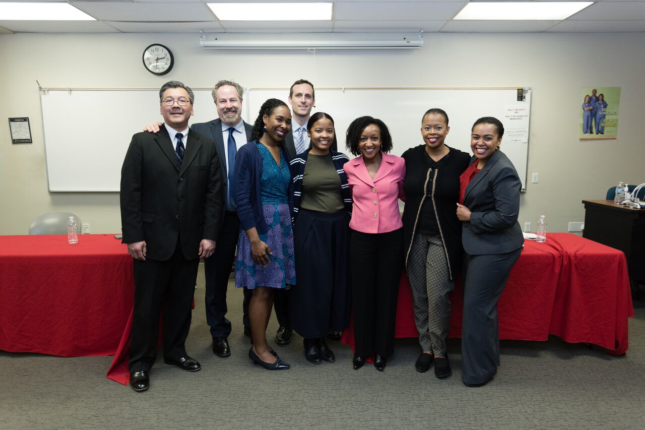 Joe Yau, Brian Rabinowitz, Will McFadden, Adrienne Grayson, ,Gina Tallaferro, Risha Tengae, and Melanie Loren pose following the performance. Photo by Duane Tkatch