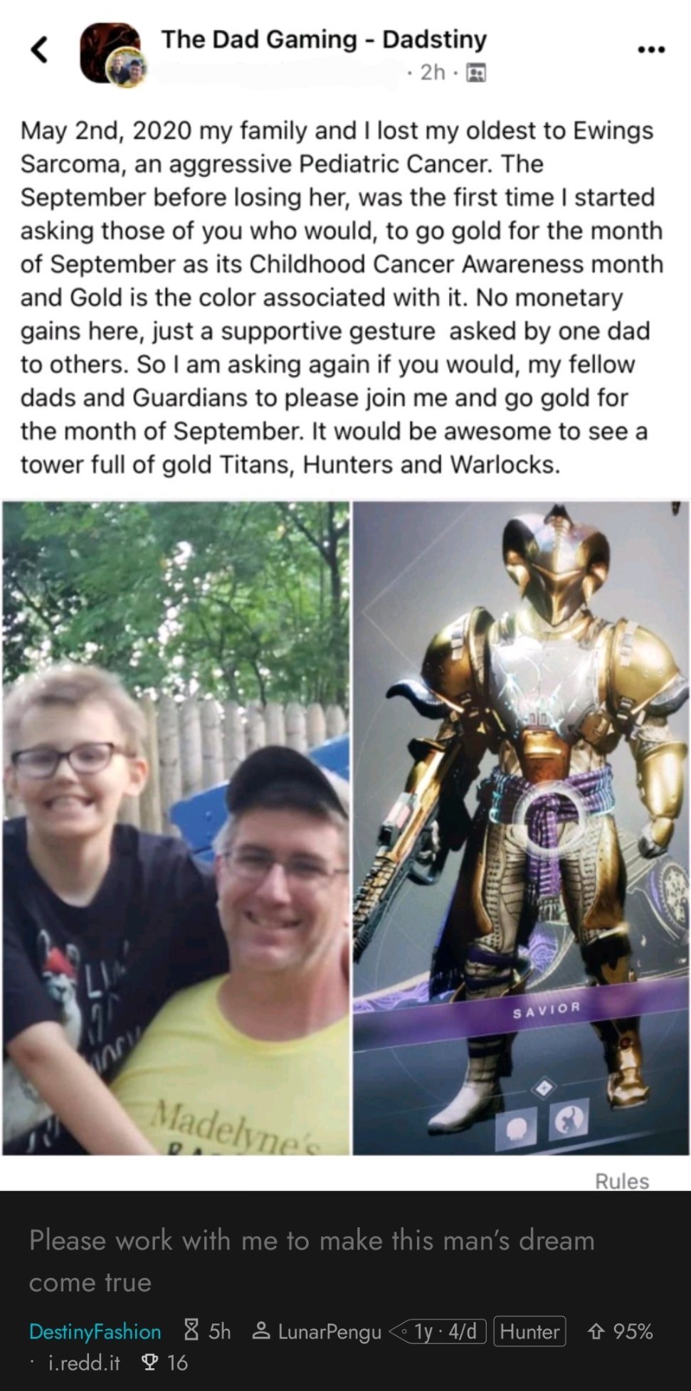 Reddit post of the Dad asking guardians to show their gold colors.
