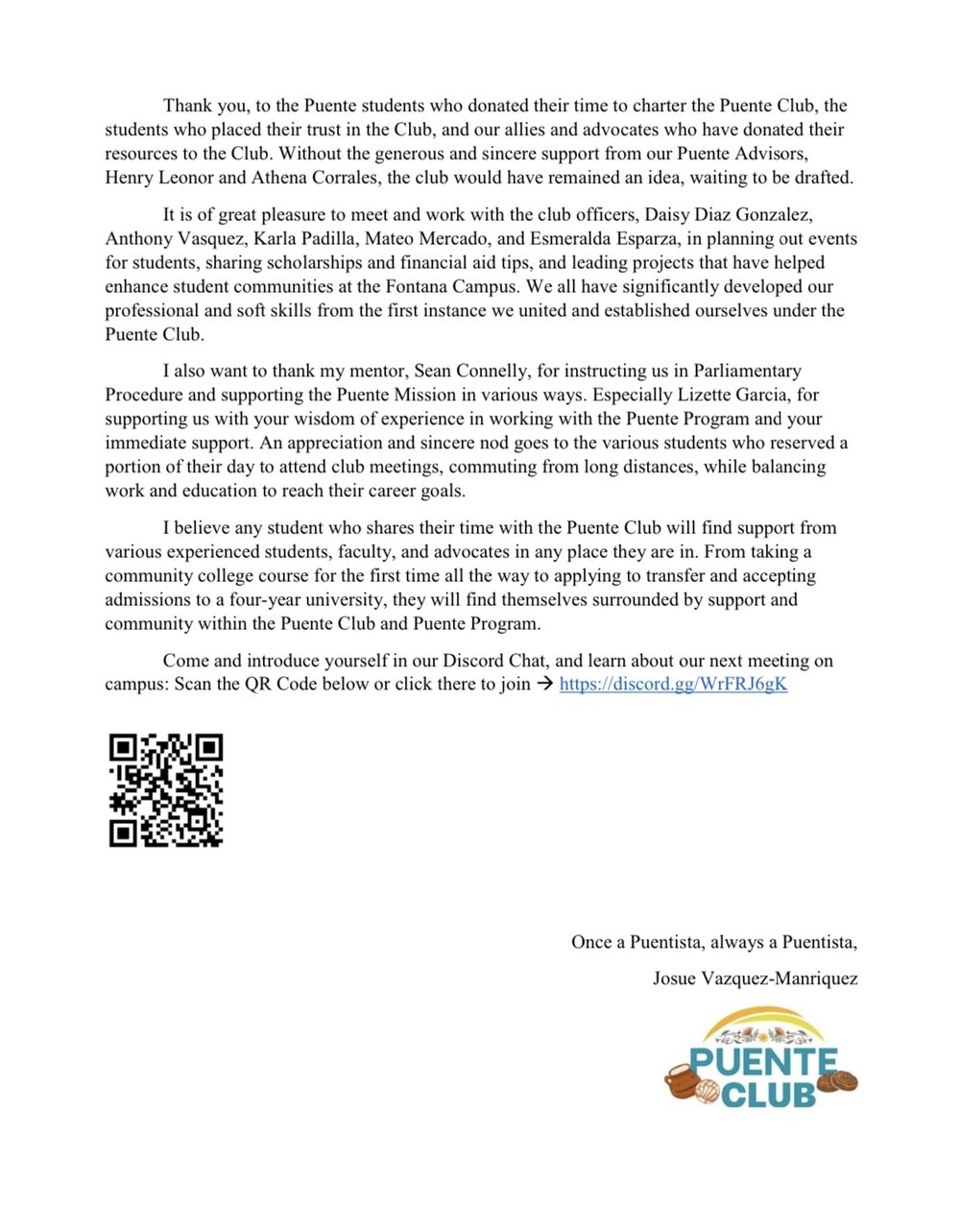 Spring 2024 Puente Club President's statement