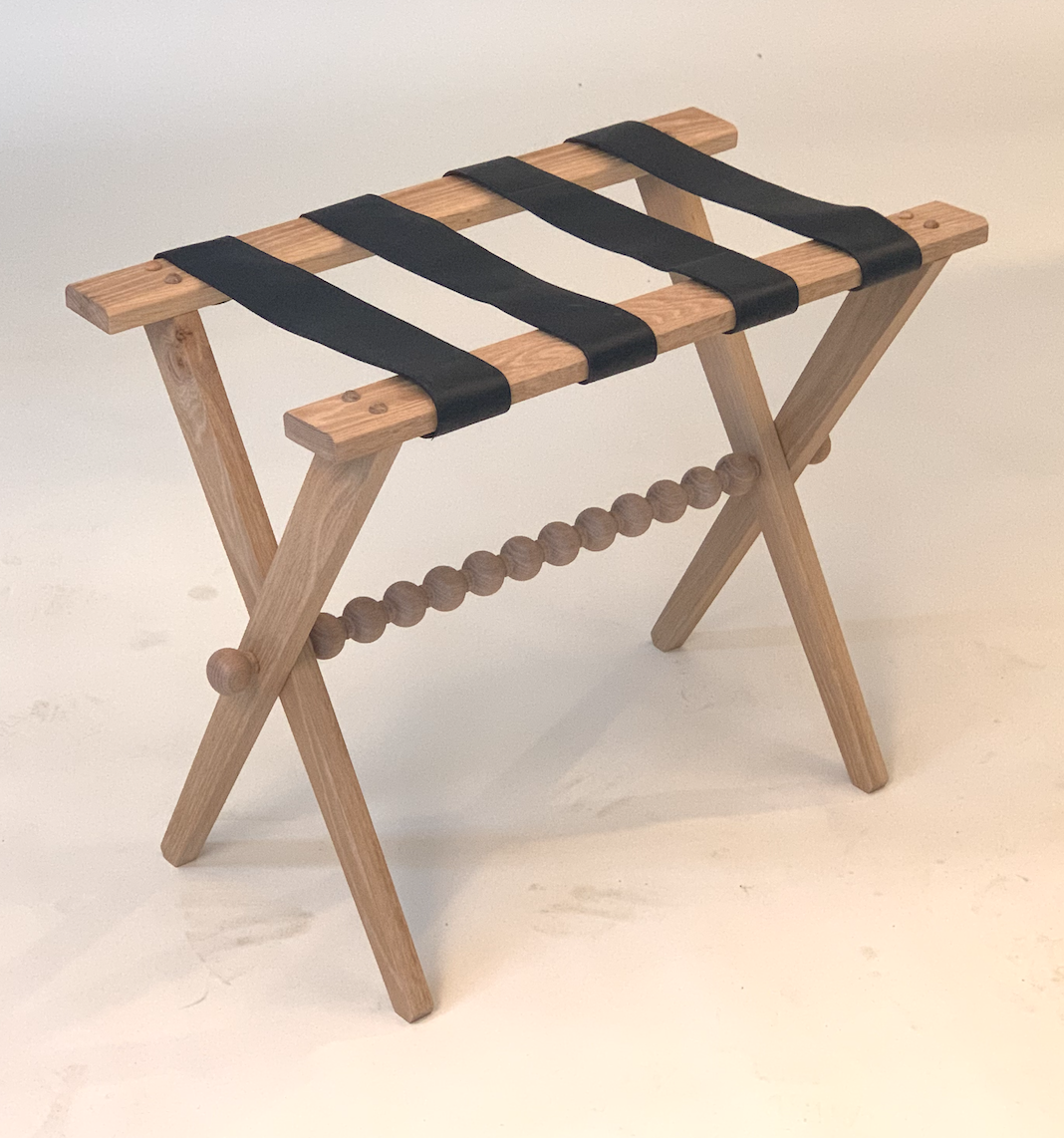 Luggage Rack in Limed Oak with Navy leather straps