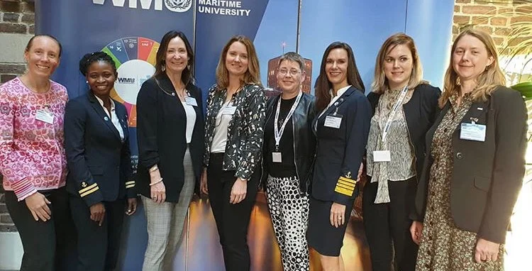Women who are actively sailing who attended the conference. Left to right: Captain Lindsay M Price, 1st Officer Nicholine Tifuh Azith, Captain Wendy Williams, Captain Hanna Odengrund, Captain Marlin Anderson, Captain Kate McCue, 1st Officer Agnes Olsson, Captain Linda Svenson