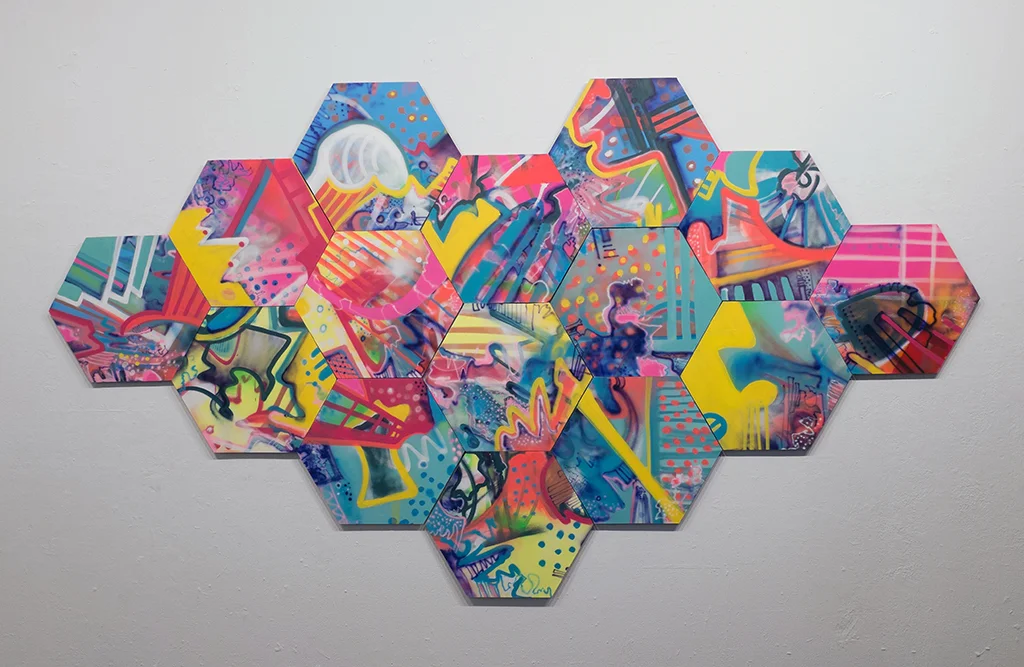 Hive Mind, 2016, acrylic and spray paint on 15 interchangeable Wooden Panels, 10’x7’