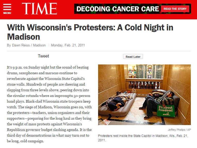 It's 9 p.m. on Sunday night but the sound of beating drums, saxophones and maracas continue to reverberate against the Wisconsin State Capitol's stone walls. Hundreds of people are cheering and clapping from three levels above, peering down into the circular rotunda where an impromptu 50person band plays. Blackclad Wisconsin state troopers keep watch. The siege of Madison, Wisconsin goes on, with the protesters—teachers, union organizers and their supporters—preparing for the long haul as they bring the weight of mass protests against Wisconsin's Republican governor budget slashing agenda. It is the third day of demonstrations in what may turn out to be long, cold campaign. 