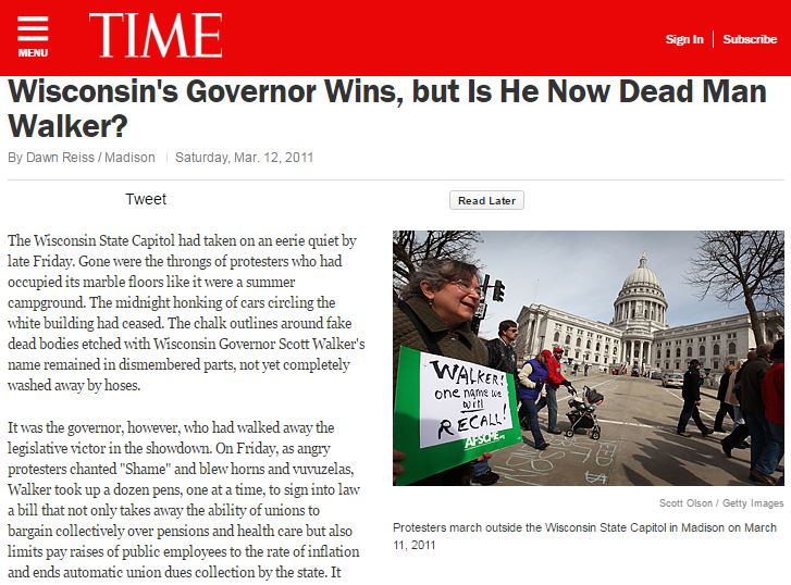 The Wisconsin State Capitol had taken on an eerie quiet by late Friday. Gone were the throngs of protesters who had occupied its marble floors like it were a summer campground. The midnight honking of cars circling the white building had ceased. The chalk outlines around fake dead bodies etched with Wisconsin Governor Scott Walker's name remained in dismembered parts, not yet completely washed away by hoses. 
