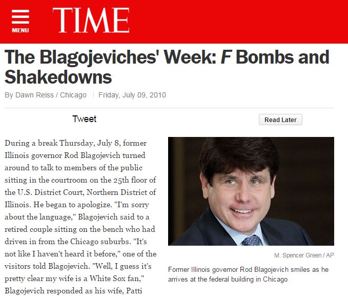 During a break Thursday, July 8, former Illinois governor Rod Blagojevich turned around to talk to members of the public sitting in the courtroom on the 25th floor of the U.S. District Court, Northern District of Illinois. He began to apologize. "I'm sorry about the language," Blagojevich said to a retired couple sitting on the bench who had driven in from the Chicago suburbs. "It's not like I haven't heard it before," one of the visitors told Blagojevich. "Well, I guess it's pretty clear my wife is a White Sox fan," Blagojevich responded as his wife, Patti Mell Blagojevich, tried to stifle a laugh and shot her husband a look. Just a few minutes earlier, during testimony, she had been heard swearing on tape.