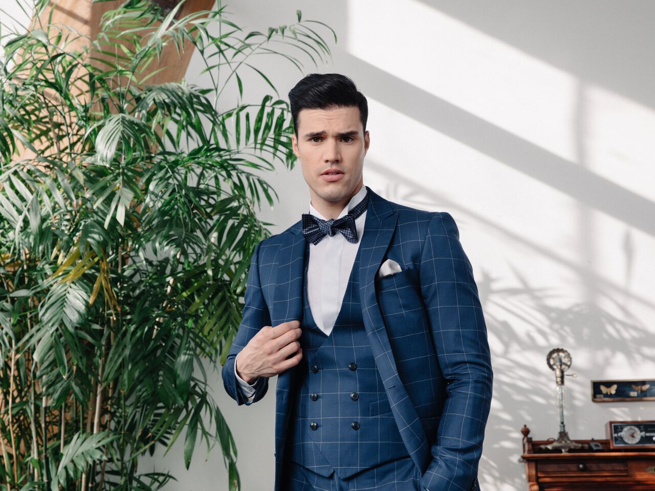 Model - Gil Soares (LA Models) 3 Piece Made to Measure Suit. Ready-to-Wear Accessories. Klein Epstein & Parker - West Hollywood