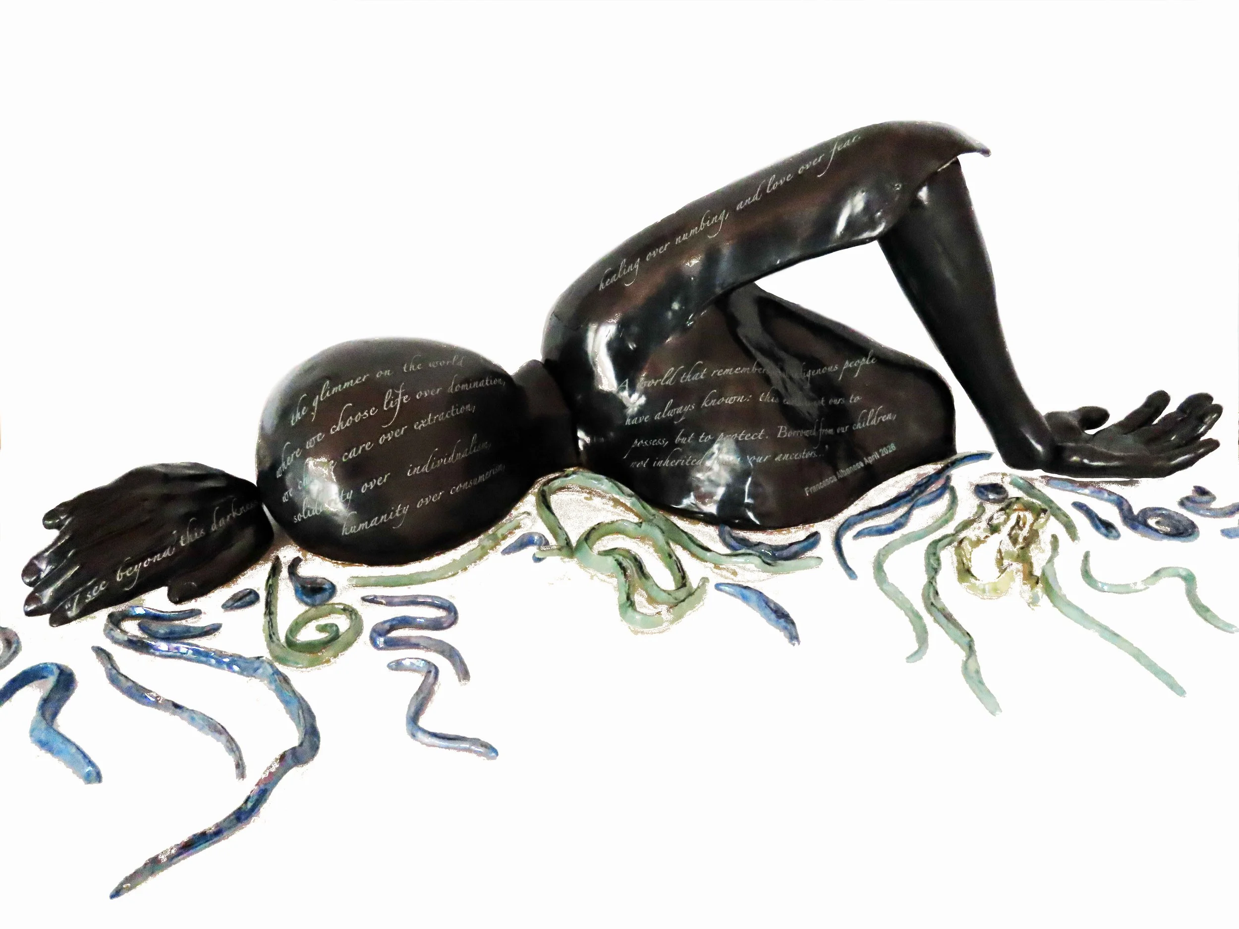  Long Distance Swimmer 2026  Earthenware ceramic, glaze with white enamel text   “I see beyond this darkness, the glimmer on the world…”  Francesca Alabanese April 2026   