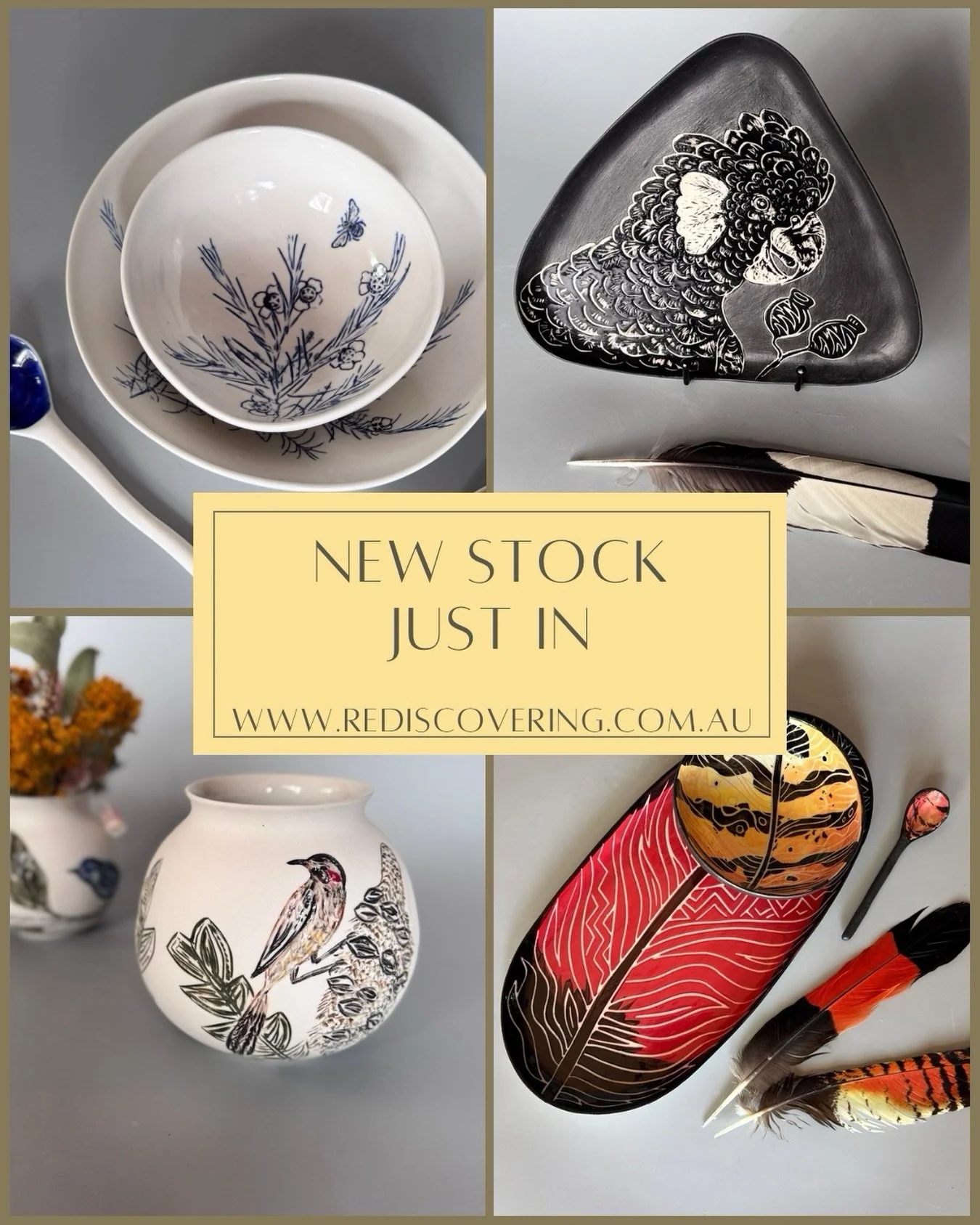Last chance to receive free express postage.
Automatically applied at checkout until midnight on the 10th.

New items have been added with black cockatoos, as well as bright feather inspired plates with bright colours and lots of textures, native bir