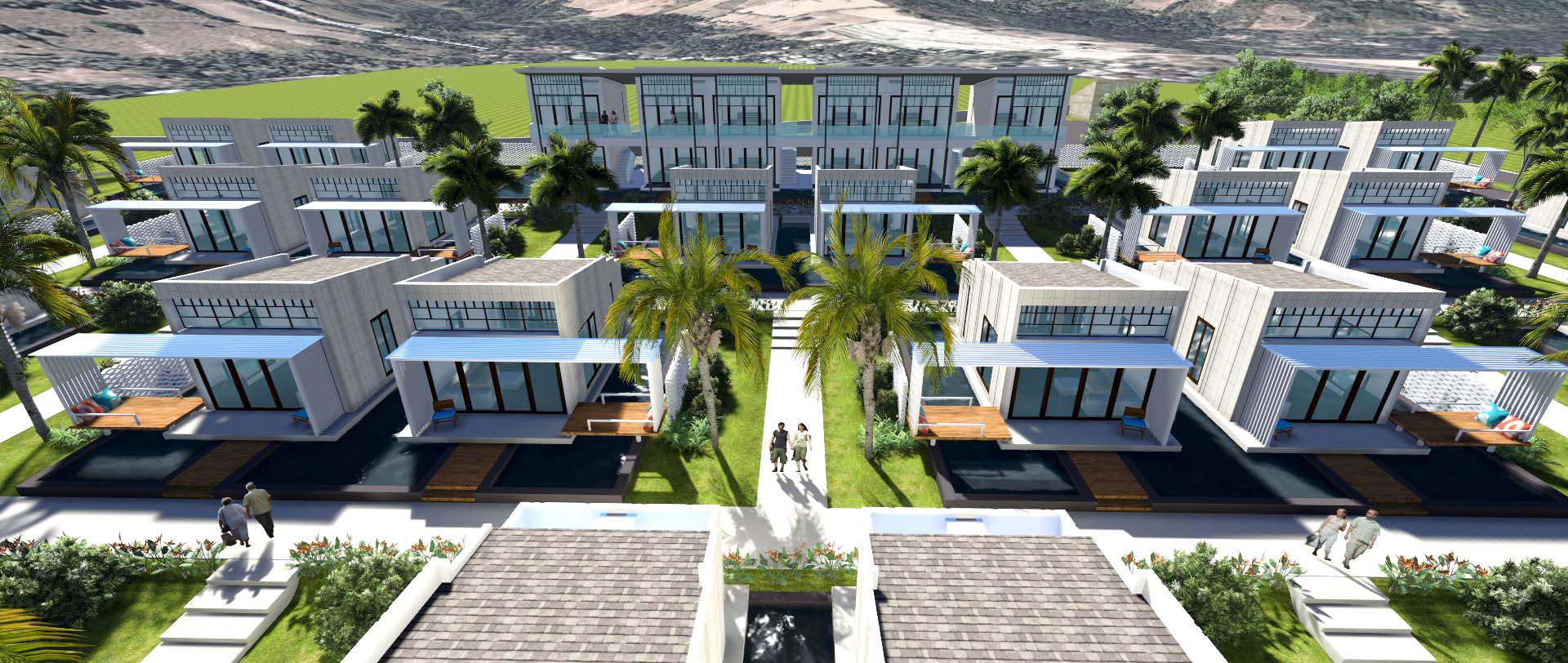 This was a proposed design for a resort in Senggigi, Lombok. The concept incorporated individual modern chalets lining up on a sloping site facing down the sea. Facilities like restaurant, swimming pools and chapel are located way in front by the beach. 