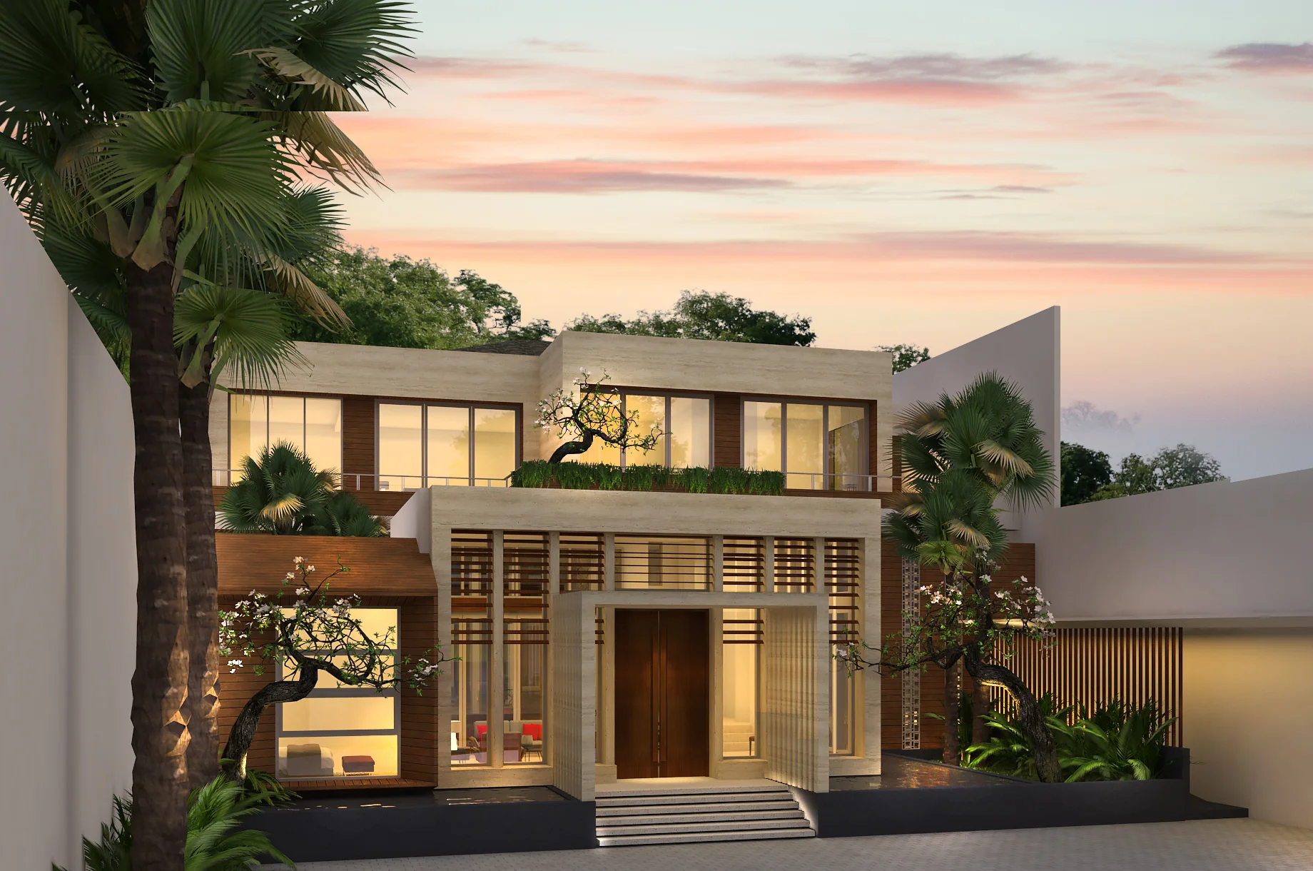 The site of this project is much longer than it is wide hence the layout of the building is divided into two with an open space for garden and swimming pool in the middle section. The structure was intended to be as humble in height as possible, gradually rising up from the entrance all the way to the back portion of the whole complex. For its tropical approach, the house features many glass walls and windows to allow nature outside to get in, Materials used are travertine marble and solid wood for the wall, ceiling and column coverings. 