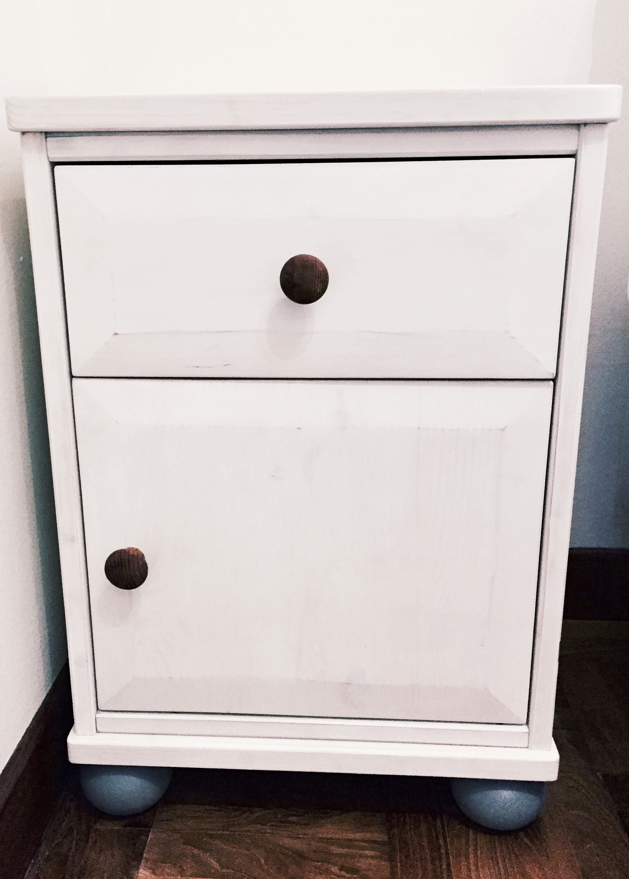 A shabby chic look in white wash milk paint.