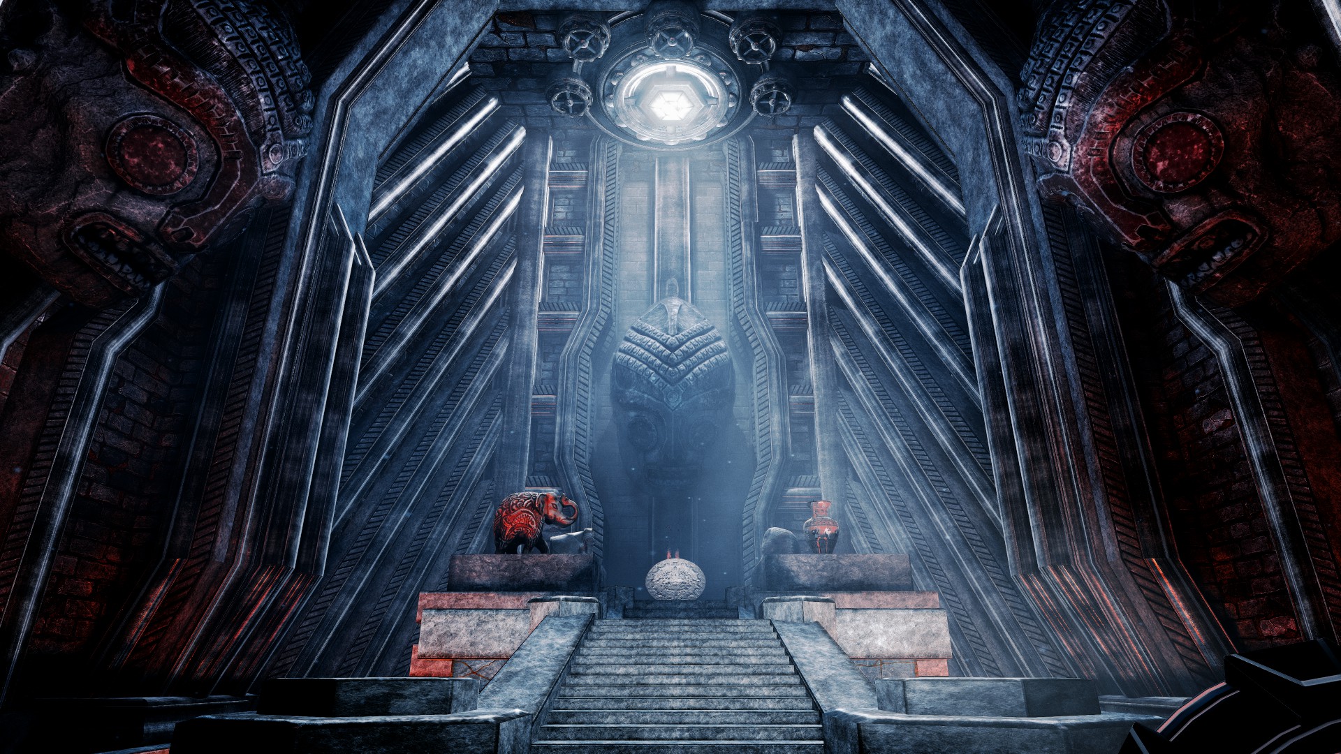 The structure of the room is built so that the player focuses on the middle with subtle lines that goes to the center on the walls, lines that takes the players sight to the platform in the room.