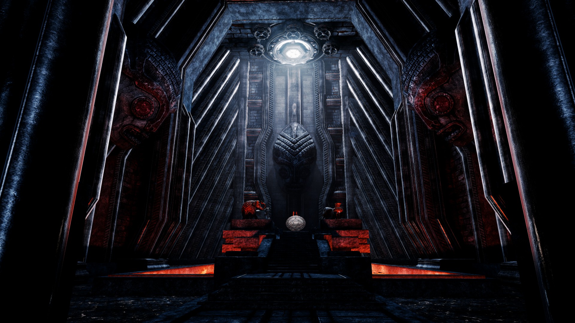 When they are in the doorway into the room they get to see the whole church like design of the area, and three ominous alien head looking towards the center of the room.