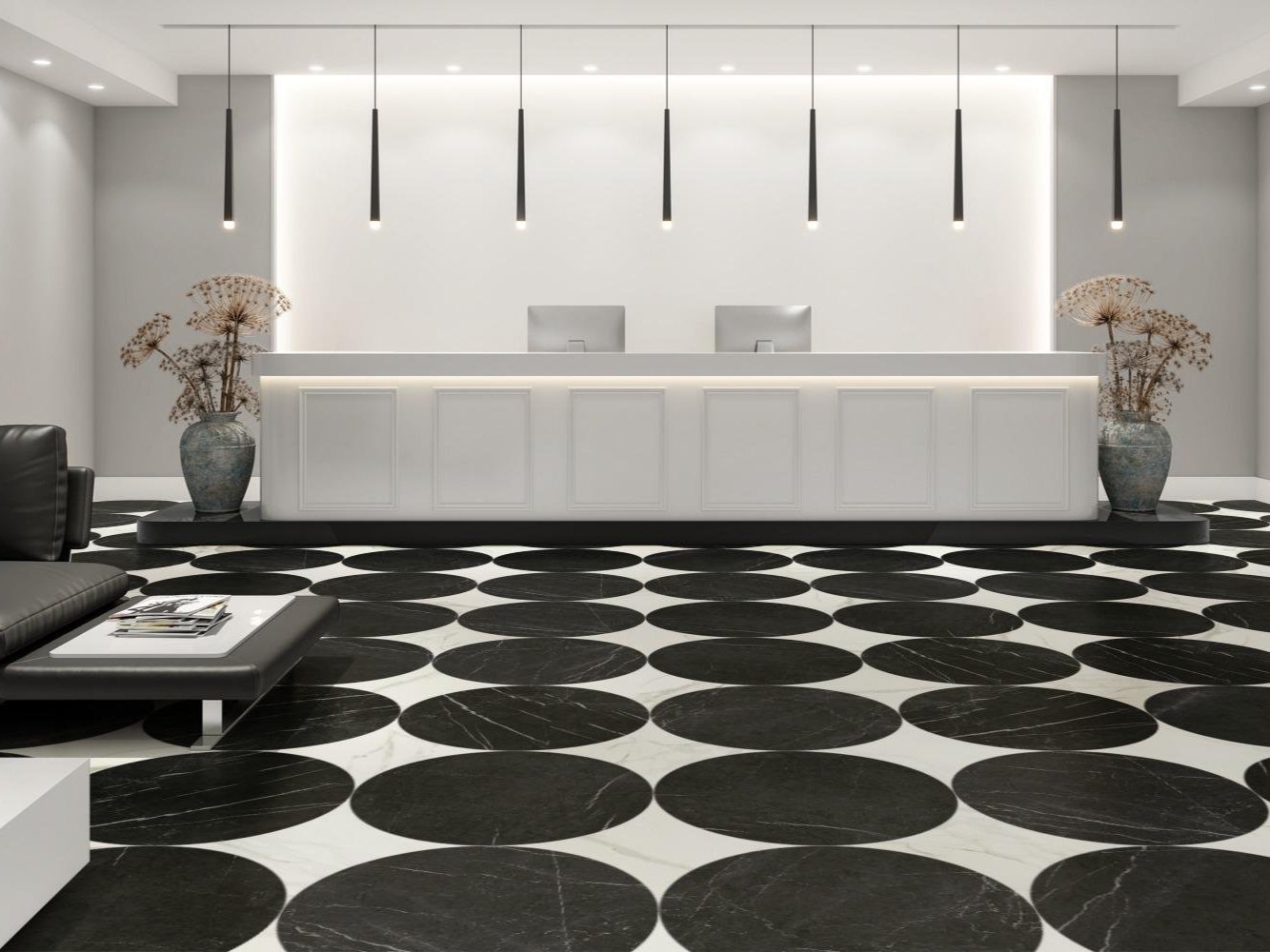 Happy, Pattern A, Titan Scale, Marquina Matte, Calacatta Matte