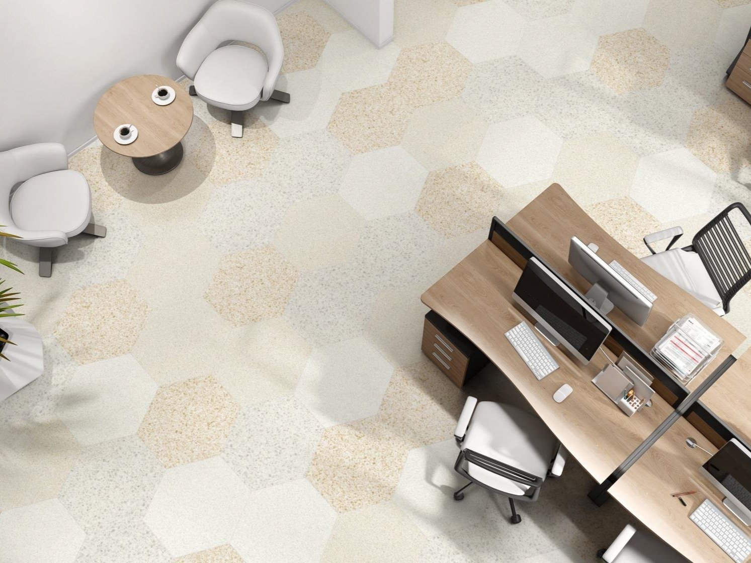 Hexagon, Pattern A, 25% Terrazzo Small White, 25% Terrazzo Medium White, 25% Terrazzo Small Beige, 25% Terrazzo Medium Beige