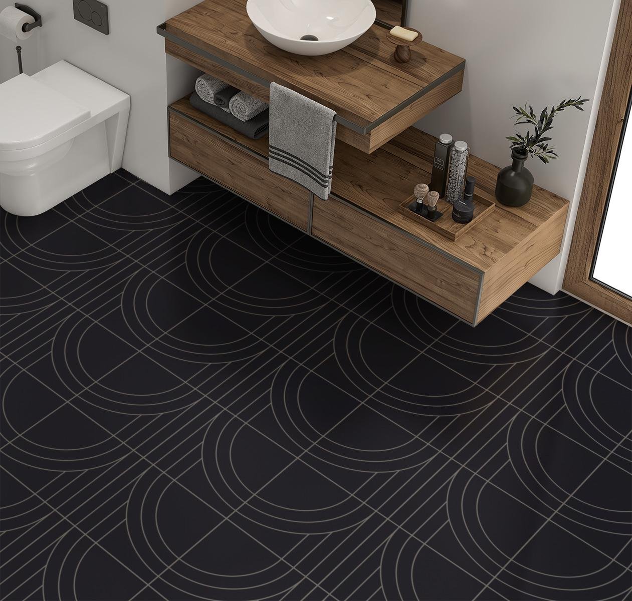 What Goes Around, Pattern A, Petite Scale, Pure Black, Gray Grout