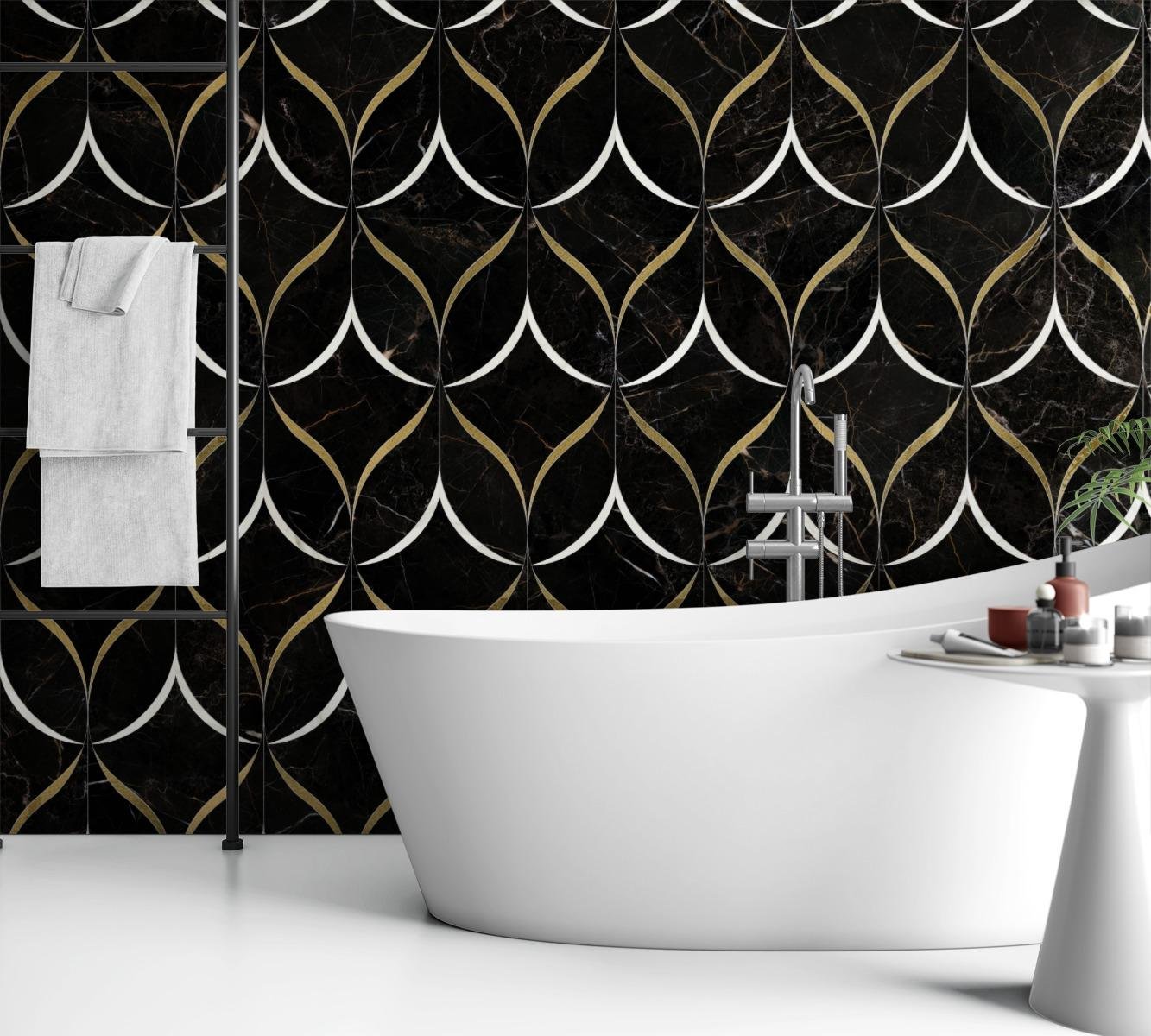 Through Thick &amp; Thin, Pattern A, Grande Scale, Nero Polished, Calacatta Polished, Urban Gold