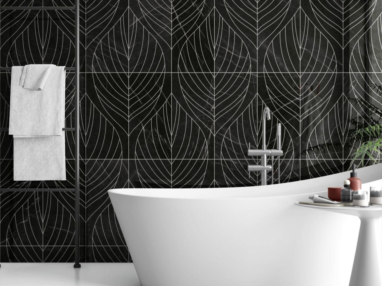Ahead Of The Curve, Pattern A, Grande Scale, Nero Polished, Frost Grout