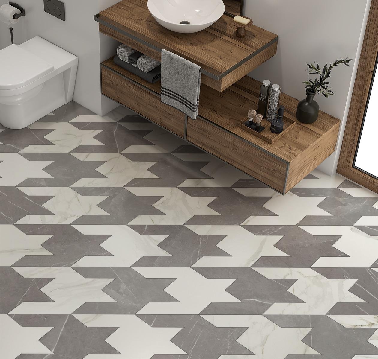 Dixon Houndstooth, Pattern A, Titan Scale, Calacatta Matte, Impero Matte