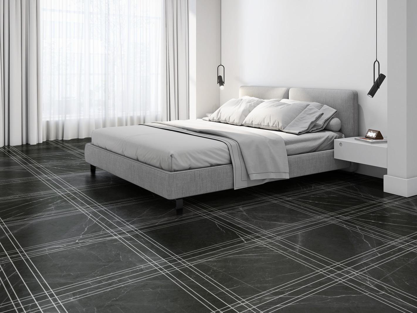 Hollis Plaid, Pattern A, Grande Scale, Marquina Matte, Warm Gray Grout