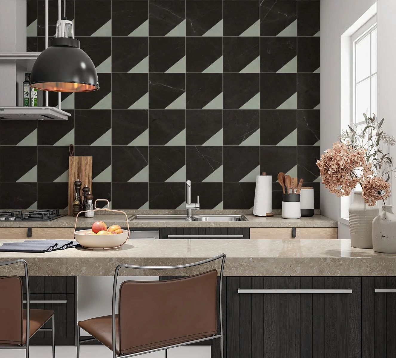 Echo, Pattern A, Modest Scale, Fern Matte, Graphite Matte, Eggshell Grout