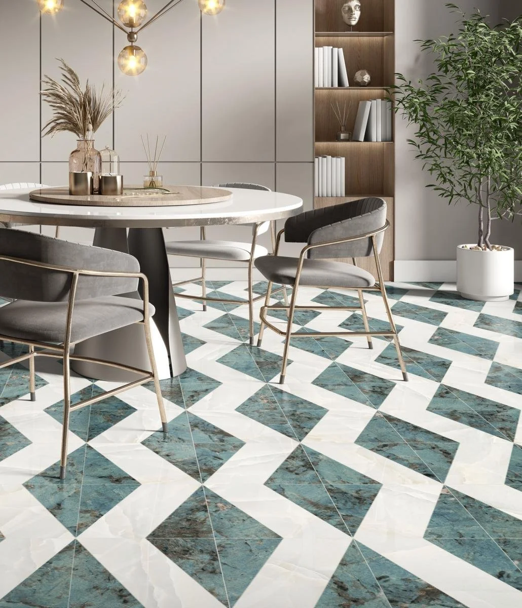 Whistling Wind, Pattern A, Modest Scale, Amazonite Matte, Onyx White Polished, Eggshell Grout