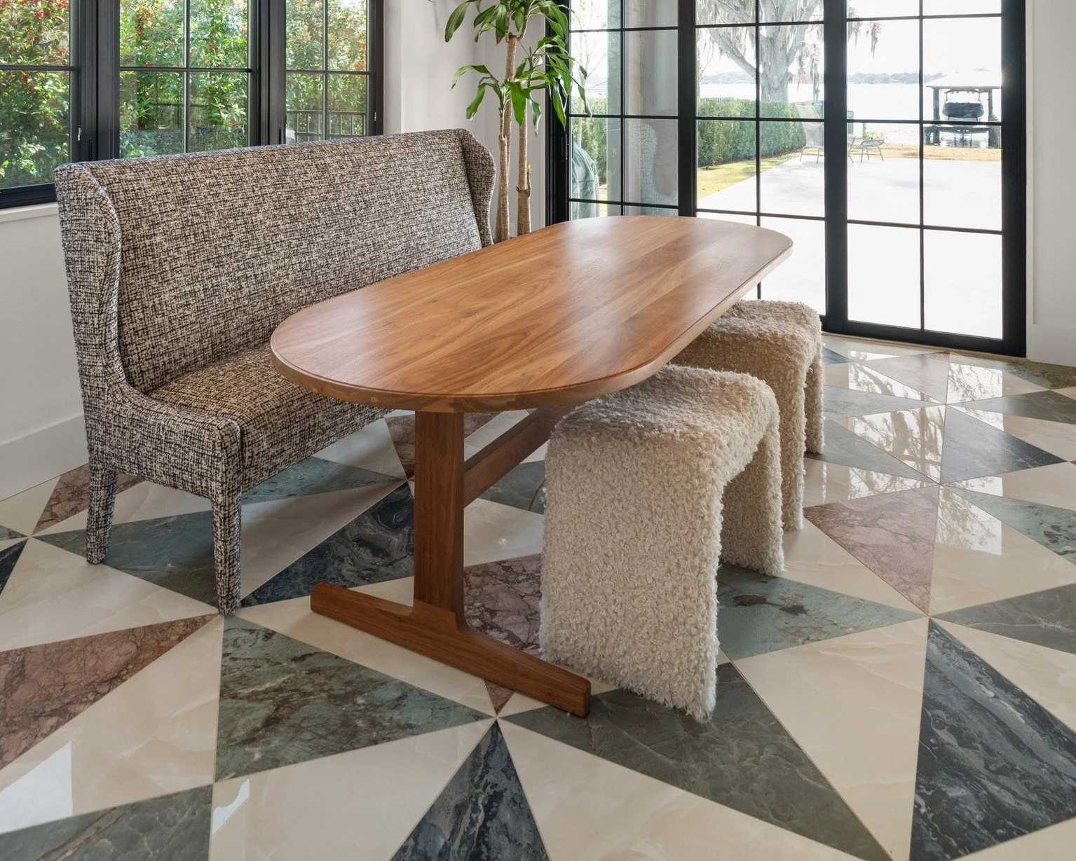 Right Triangle Titan, Pattern D, Onyx White Polished, Amazonite Matte, J'Adore Matte, Breccia Pernice Matte, Orobico Matte