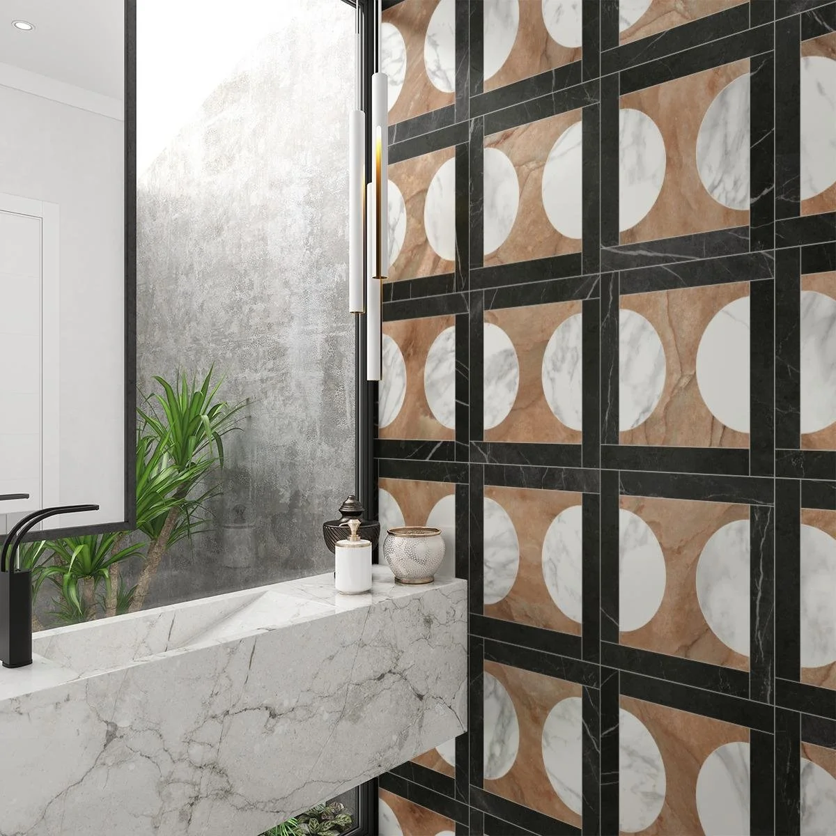 Down To Earth, Pattern A, Grande Scale, Nuage Polished, Graphite Polished, Nuvolato Polished, Warm Gray Grout