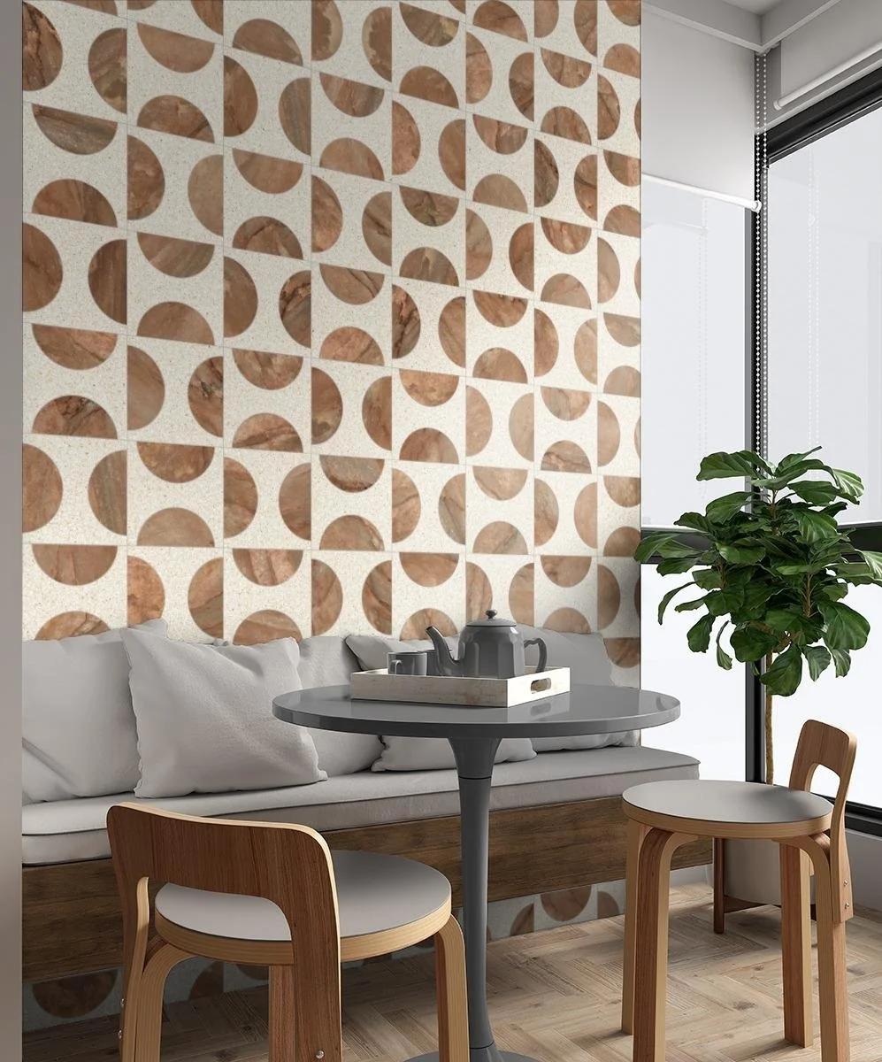 Head in the Clouds, Pattern A, Modest Scale, Terrazzo Small Beige Matte, Nuage Matte, Warm Gray Grout