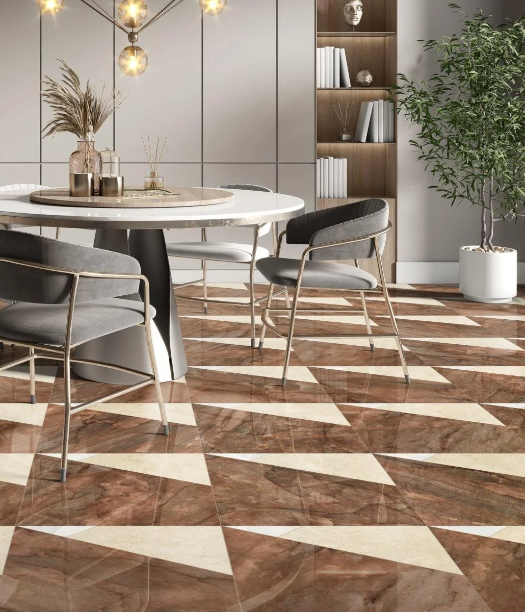 Hidden Trail, Pattern A, Titan Scale, Nuage Polished, Onyx White Polished, Marfil Matte, Ivory Grout