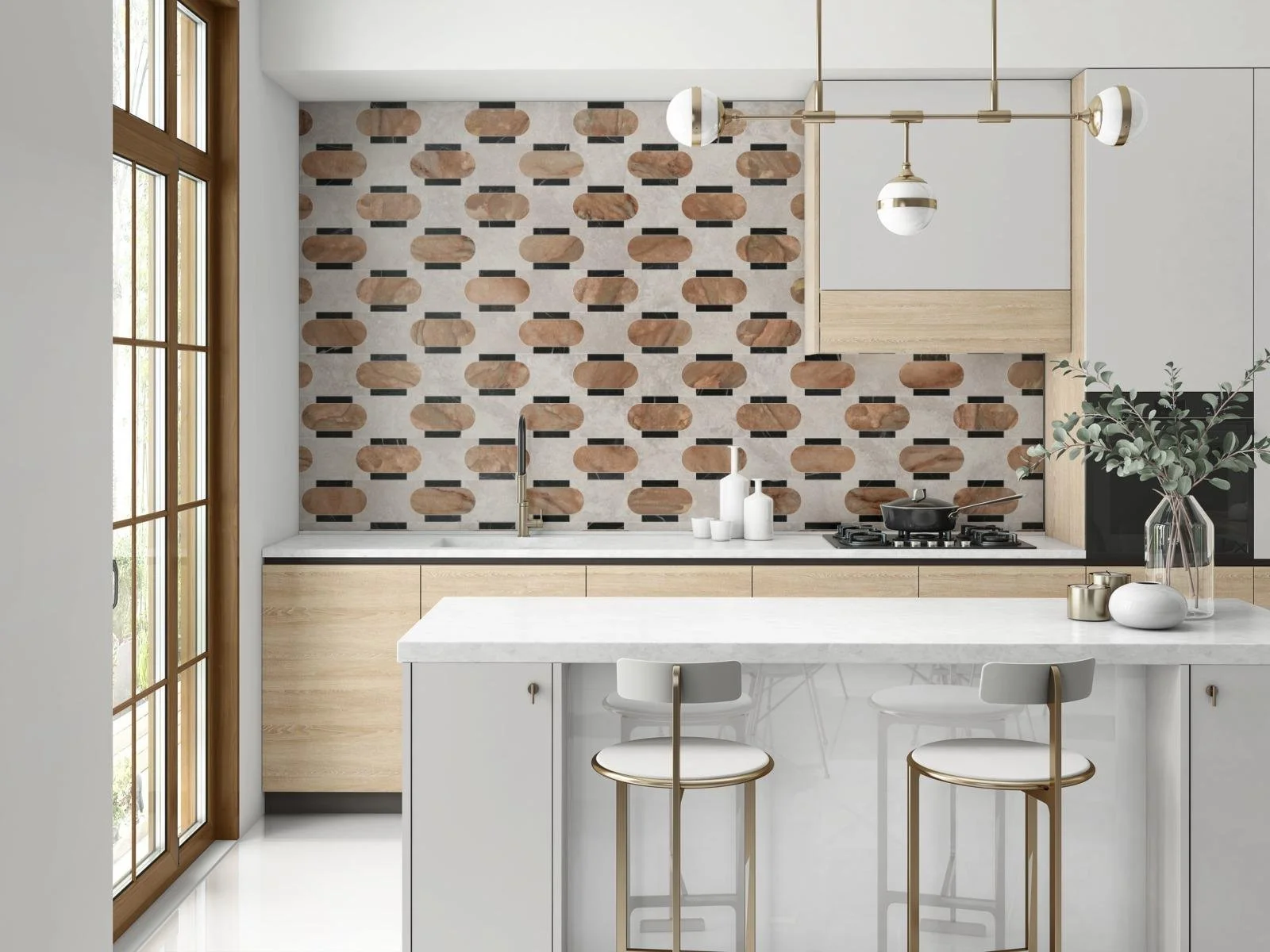 Like Minded, Pattern B, Petite Scale, Navona Crosscut Matte, Nuage Matte, Marquina Matte, Avalanche Grout